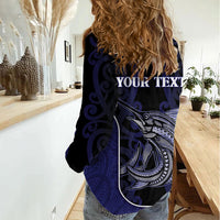 Personalised New Zealand Aotearoa Women Casual Shirt Blue Marlin Fishing Maori Pattern