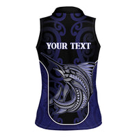 Personalised New Zealand Aotearoa Women Sleeveless Polo Shirt Blue Marlin Fishing Maori Pattern