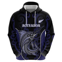 Personalised New Zealand Aotearoa Zip Hoodie Blue Marlin Fishing Maori Pattern