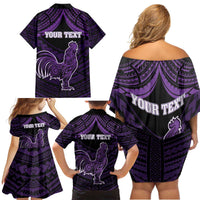 Personalised Hawaii Kauai Island Family Matching Off Shoulder Short Dress and Hawaiian Shirt Rooster Tribal Tattoo Simple Style LT05 - Polynesian Pride