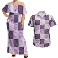 Lavender Manta Ray Hawaiian Quilt Motif Couples Matching Off Shoulder Maxi Dress and Hawaiian Shirt