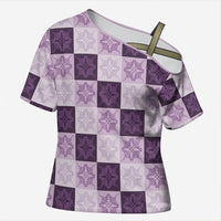 Lavender Manta Ray Hawaiian Quilt Motif Cross Shoulder Shirt