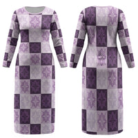 Lavender Manta Ray Hawaiian Quilt Motif Family Matching Long Sleeve Bodycon Dress and Hawaiian Shirt