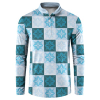 Cyan Manta Ray Hawaiian Quilt Motif Button Sweatshirt