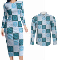 Cyan Manta Ray Hawaiian Quilt Motif Couples Matching Long Sleeve Bodycon Dress and Long Sleeve Button Shirt