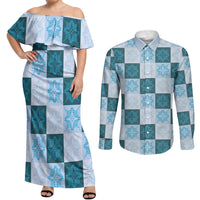 Cyan Manta Ray Hawaiian Quilt Motif Couples Matching Off Shoulder Maxi Dress and Long Sleeve Button Shirt