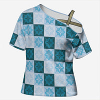 Cyan Manta Ray Hawaiian Quilt Motif Cross Shoulder Shirt