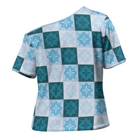 Cyan Manta Ray Hawaiian Quilt Motif Cross Shoulder Shirt