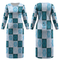 Cyan Manta Ray Hawaiian Quilt Motif Family Matching Long Sleeve Bodycon Dress and Hawaiian Shirt