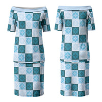 Cyan Manta Ray Hawaiian Quilt Motif Family Matching Puletasi and Hawaiian Shirt