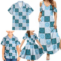 Cyan Manta Ray Hawaiian Quilt Motif Family Matching Summer Maxi Dress and Hawaiian Shirt