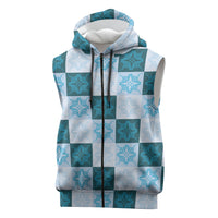 Cyan Manta Ray Hawaiian Quilt Motif Sleeveless Zip Hoodie