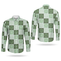 Sage Green Manta Ray Hawaiian Quilt Motif Couples Matching Long Sleeve Bodycon Dress and Long Sleeve Button Shirt
