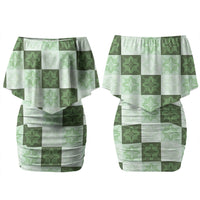 Sage Green Manta Ray Hawaiian Quilt Motif Couples Matching Off Shoulder Short Dress and Long Sleeve Button Shirt