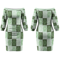 Sage Green Manta Ray Hawaiian Quilt Motif Couples Matching Off The Shoulder Long Sleeve Dress and Hawaiian Shirt