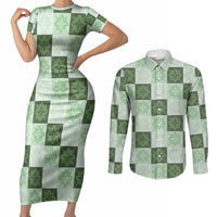 Sage Green Manta Ray Hawaiian Quilt Motif Couples Matching Short Sleeve Bodycon Dress and Long Sleeve Button Shirt