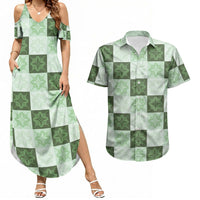Sage Green Manta Ray Hawaiian Quilt Motif Couples Matching Summer Maxi Dress and Hawaiian Shirt