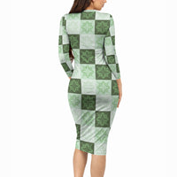 Sage Green Manta Ray Hawaiian Quilt Motif Long Sleeve Bodycon Dress