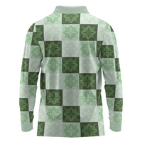 Sage Green Manta Ray Hawaiian Quilt Motif Long Sleeve Polo Shirt