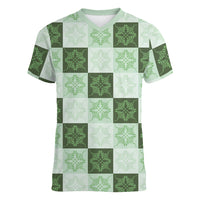 Sage Green Manta Ray Hawaiian Quilt Motif Women V-Neck T-Shirt