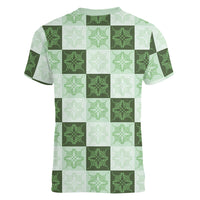 Sage Green Manta Ray Hawaiian Quilt Motif Women V-Neck T-Shirt
