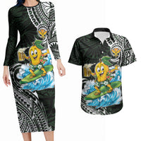 Aloha Hawaii Mango Surfing Couples Matching Long Sleeve Bodycon Dress and Hawaiian Shirt Polynesian Style
