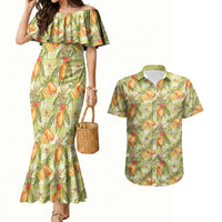 Vintage Hawaii Mango Couples Matching Mermaid Dress and Hawaiian Shirt Yellow Green Hawaiian Palaka