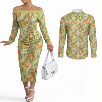 Vintage Hawaii Mango Couples Matching Off The Shoulder Long Sleeve Dress and Long Sleeve Button Shirt Yellow Green Hawaiian Palaka