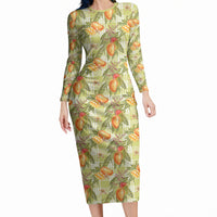 Vintage Hawaii Mango Long Sleeve Bodycon Dress Yellow Green Hawaiian Palaka