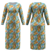 Vintage Hawaii Mango Couples Matching Long Sleeve Bodycon Dress and Long Sleeve Button Shirt Blue Hawaiian Palaka