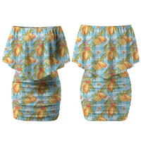 Vintage Hawaii Mango Couples Matching Off Shoulder Short Dress and Hawaiian Shirt Blue Hawaiian Palaka
