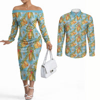 Vintage Hawaii Mango Couples Matching Off The Shoulder Long Sleeve Dress and Long Sleeve Button Shirt Blue Hawaiian Palaka