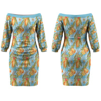 Vintage Hawaii Mango Couples Matching Off The Shoulder Long Sleeve Dress and Long Sleeve Button Shirt Blue Hawaiian Palaka