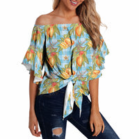 Vintage Hawaii Mango Off Shoulder Wrap Waist Top Blue Hawaiian Palaka LT05 - Polynesian Pride