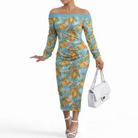 Vintage Hawaii Mango Off The Shoulder Long Sleeve Dress Blue Hawaiian Palaka