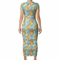 Vintage Hawaii Mango Short Sleeve Bodycon Dress Blue Hawaiian Palaka