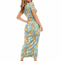 Vintage Hawaii Mango Short Sleeve Bodycon Dress Blue Hawaiian Palaka