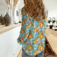 Vintage Hawaii Mango Women Casual Shirt Blue Hawaiian Palaka