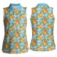 Vintage Hawaii Mango Women Sleeveless Polo Shirt Blue Hawaiian Palaka