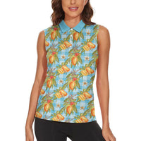 Vintage Hawaii Mango Women Sleeveless Polo Shirt Blue Hawaiian Palaka