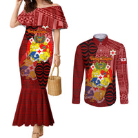 Personalized Tonga Couples Matching Mermaid Dress and Long Sleeve Button Shirts Coat Of Arms Tongatapu With Ngatu Pattern LT05 Red - Polynesian Pride