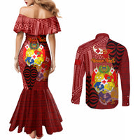 Personalized Tonga Couples Matching Mermaid Dress and Long Sleeve Button Shirts Coat Of Arms Tongatapu With Ngatu Pattern LT05 - Polynesian Pride