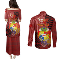 Personalized Tonga Couples Matching Puletasi Dress and Long Sleeve Button Shirts Coat Of Arms Tongatapu With Ngatu Pattern LT05 - Polynesian Pride