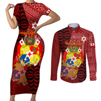 Personalized Tonga Couples Matching Short Sleeve Bodycon Dress and Long Sleeve Button Shirts Coat Of Arms Tongatapu With Ngatu Pattern LT05 Red - Polynesian Pride