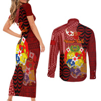 Personalized Tonga Couples Matching Short Sleeve Bodycon Dress and Long Sleeve Button Shirts Coat Of Arms Tongatapu With Ngatu Pattern LT05 - Polynesian Pride