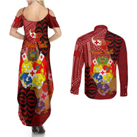 Personalized Tonga Couples Matching Summer Maxi Dress and Long Sleeve Button Shirts Coat Of Arms Tongatapu With Ngatu Pattern LT05 - Polynesian Pride