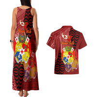 Personalized Tonga Couples Matching Tank Maxi Dress and Hawaiian Shirt Coat Of Arms Tongatapu With Ngatu Pattern LT05 - Polynesian Pride