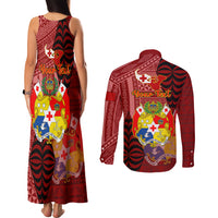 Personalized Tonga Couples Matching Tank Maxi Dress and Long Sleeve Button Shirts Coat Of Arms Tongatapu With Ngatu Pattern LT05 - Polynesian Pride