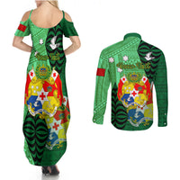 Personalized Tonga Couples Matching Summer Maxi Dress and Long Sleeve Button Shirts Coat Of Arms Haapai With Ngatu Pattern LT05 - Polynesian Pride