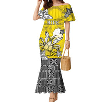 Personalised Happy Niue Constitution Day Family Matching Mermaid Dress and Hawaiian Shirt Niuean Crab Hiapo Pattern Yellow Version LT05 Mom's Dress Yellow - Polynesian Pride